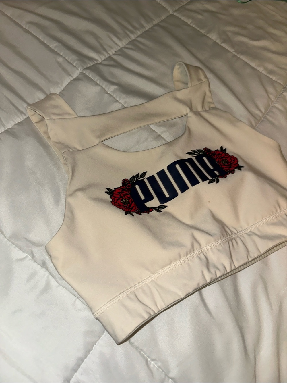 Puma Cream Crop Tank with Navy Logo and Red Floral Accents